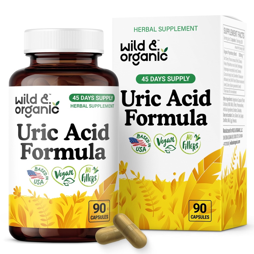 Wild & Organic Uric Acid Formula Capsules - Uric Acid Cleanse Support - Antioxidant Supplement with Tart Cherry Powder, Dandelion Root & Celery - Vegan, No Fillers, Non-GMO - 90 Count