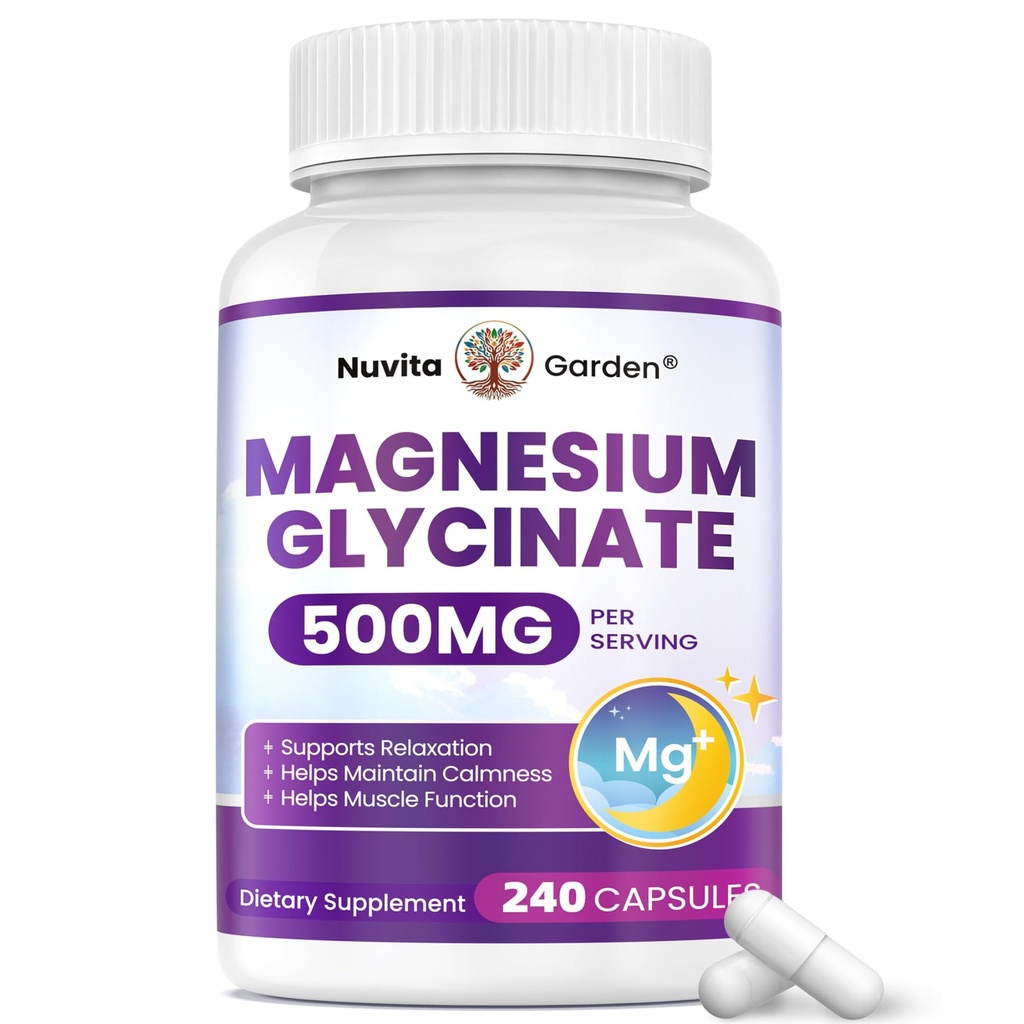 Magnesium Glycinate 500mg Per Capsule – 240 Veggie Capsules – High Absorption Magnesium Supplement for Relaxation, Sleep & Muscle Support – Gentle on Stomach – 240 Day Supply