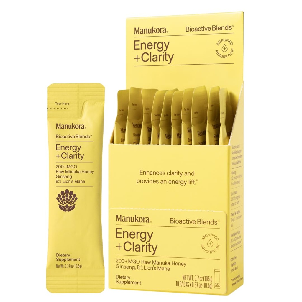 Manukora Energy & Clarity Blend, Focus and Cognitive Support Supplement for Men and Women with Fermented Ginseng, Dual-Extracted Lion's Mane, Manuka Honey, Natural Energy Support