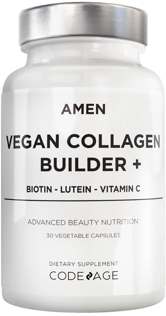 Amen Plant-Based Collagen Builder Supplement - Aliments bio entiers, Lutéine, Vitamine C, Biotine, Lysine, Proline Collagen Boosters - Cranberry biologique, citron, fraise - Une fois par jour - 30 capsules