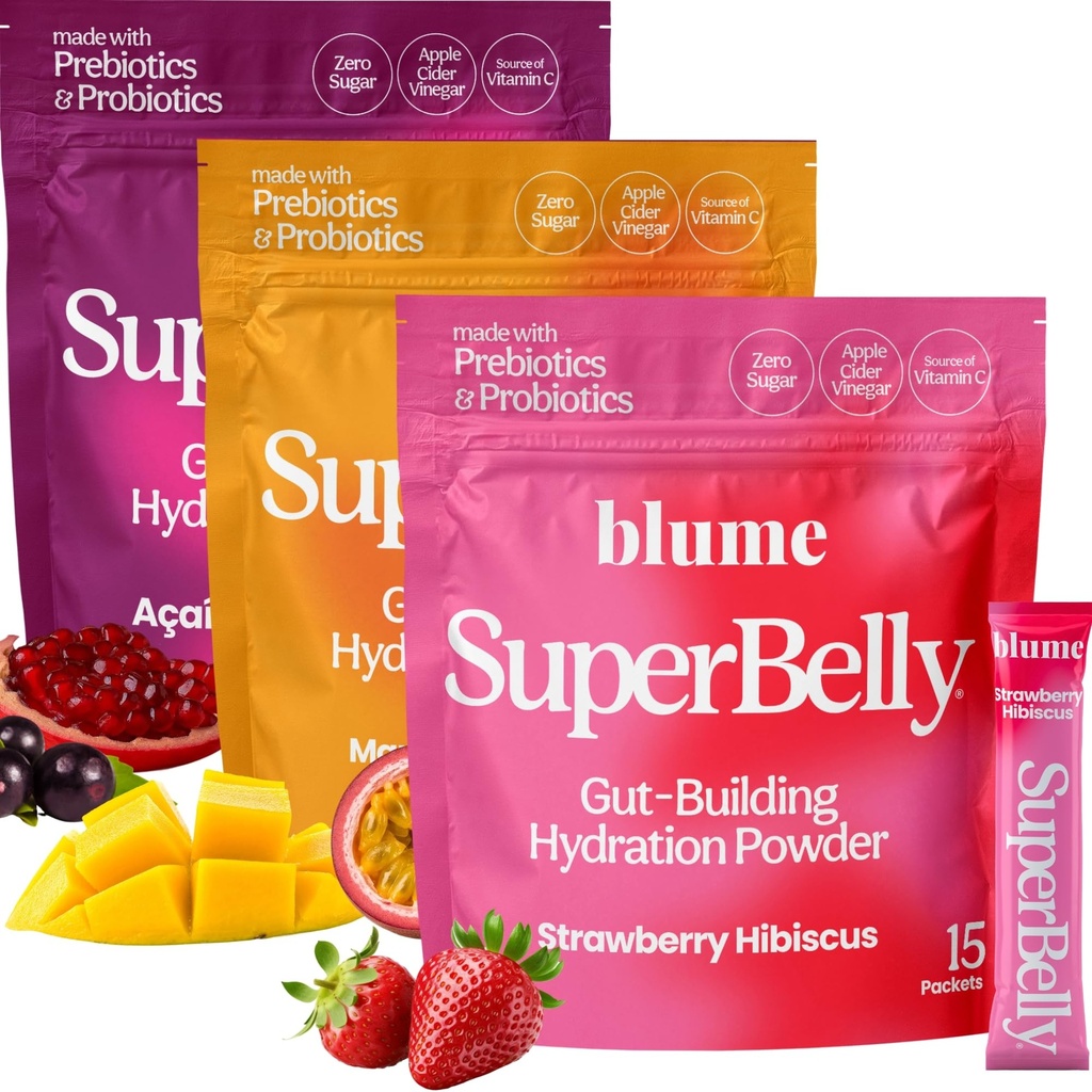 Blume SuperBelly Gut Health + Hydration, Daily Sugar Free Probiotics, Prebiotic Fiber, and Electrolytes Powder Packets for Digestion Support, Variety Pack - Strawberry, Açai, Mango, 45 Sticks