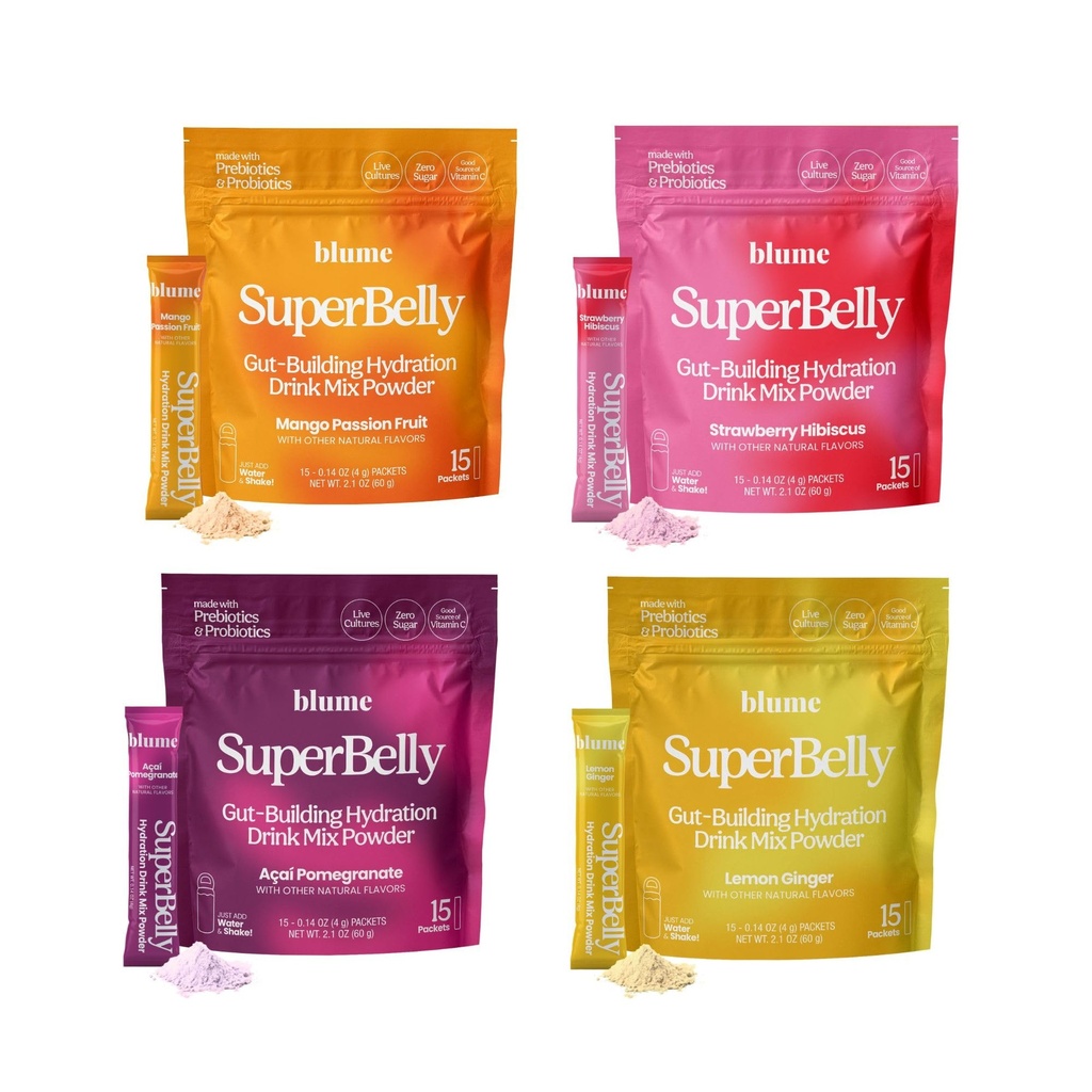 Blume SuperBelly Gut Health + Hydration, Daily Sugar Free Probiotics, Prebiotic Fiber, and Electrolytes Powder Packets for Digestion Support, Variety Pack - Strawberry, Açai, Mango, Lemon, 60 Sticks