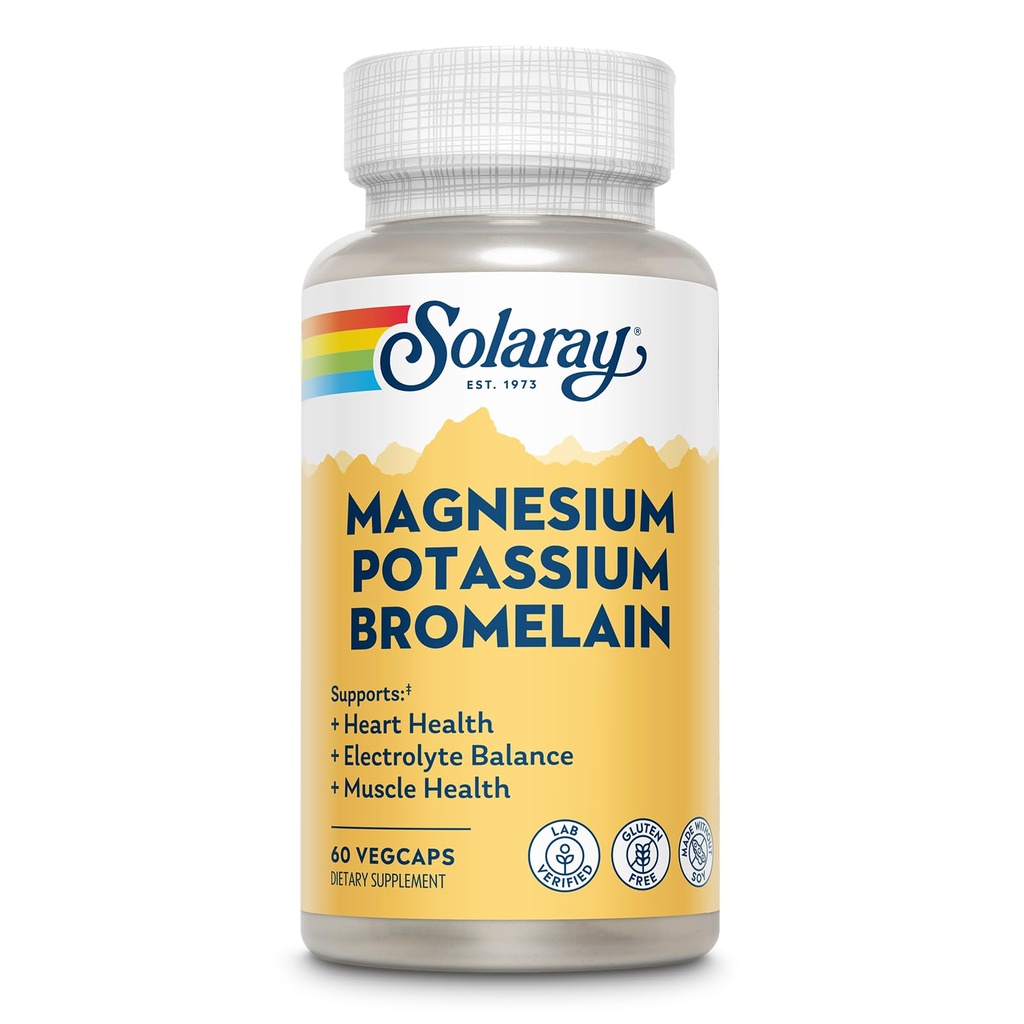 Solaray Magnesium and Potassium with Bromelain, Magnesium Potassium Supplement for Heart Health, Electrolyte, and Muscle Support - Gluten Free & Lab Verified - 30 Servings, 60 VegCaps