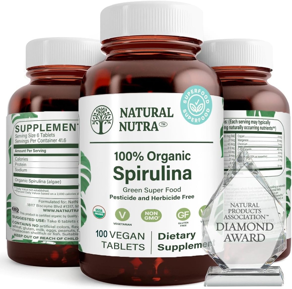 Nutra naturel 100% USDA comprimés de spiruline biologique, aide à maintenir les graisses du corps, favorise la santé du foie, favorise le système immunitaire, aide à améliorer le métabolisme, favorise l'immunité, 300mg, 100 comprimés végétaliens