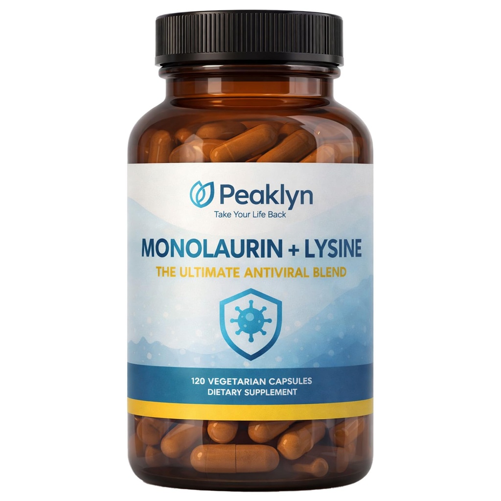 Peaklyn L-Lysine and Monolaurin Capsules, 600mg 1:1 Ratio Formula, 120 Capsules