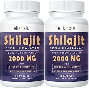 Supplément Shilajit 2000 MG, 100% Shilajit pur avec 85+ Trace Minerals et 60% Acid Fulvic, Boost Energy & Immunity, Vegan, Natural, 120 Capsules