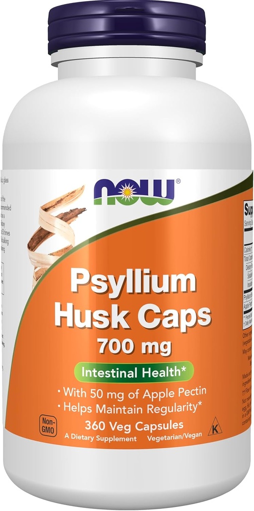 MAINTENANT Aliments suppléments, Psyllium Husk Caps 700 mg avec 50 mg de Pectine de pomme, Santé intestinale*, 360 gélules