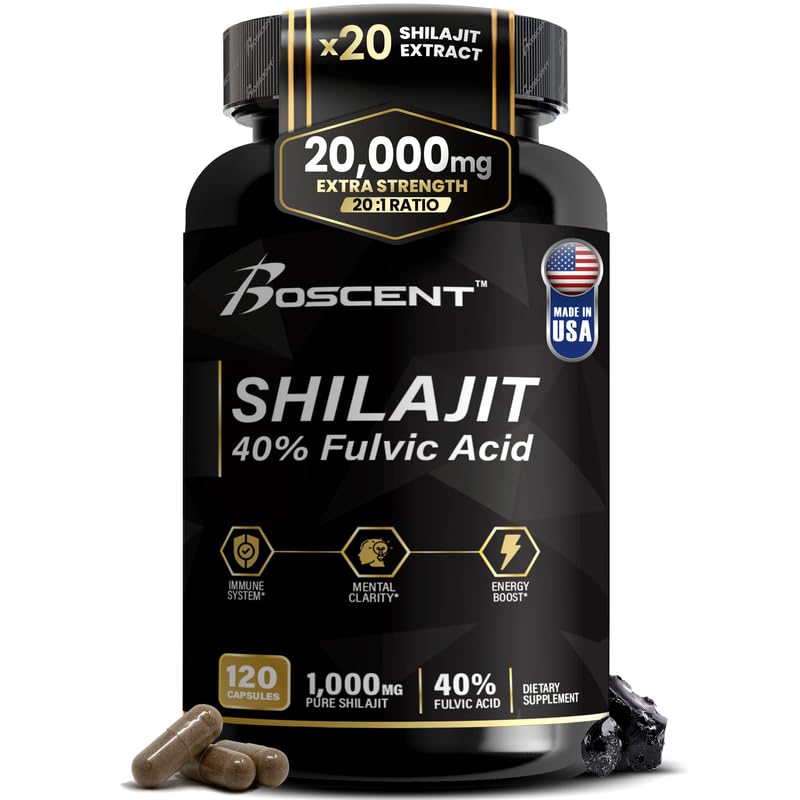 Shilajit Capsules 20 000mg – Pure Himalayan Shilajit pour les hommes et les femmes – Même que la résine - Supplément acide fulvic avec 85+ minéraux traces – Haute puissance de l'énergie naturelle – 120 capsules végétaliennes