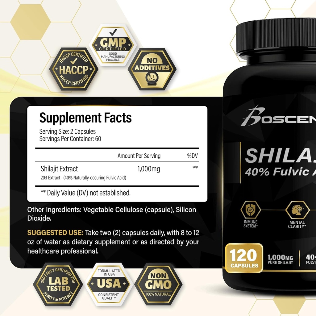 Shilajit Capsules 20 000mg – Pure Himalayan Shilajit pour les hommes et les femmes – Supplément d'acide fulvic organique avec 85+ Trace Minerals – Soutien à l'énergie naturelle et à la vitalité de haute puissance – 120 Capsules Vegan