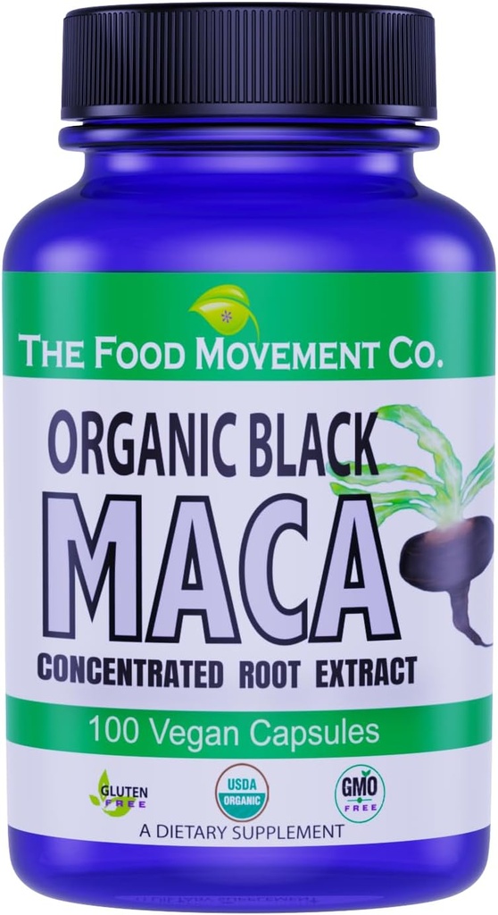 LE MOUVEMENT DES ALIMENTS CO. Black Maca 500mg 60 Capsules - Organique, Non-OGM, Vegan, Sans gluten- Supplément de racine de Maca noir pour le bien-être du corps entier