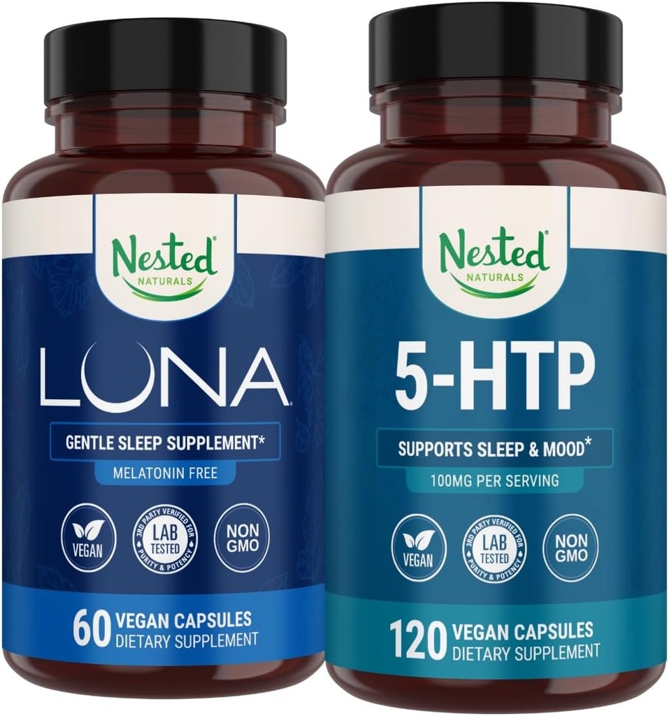 Nested Naturals Luna Melatonin-Free Sleep Supplement (60 Vegan Capsules) & 5-HTP 100mg (120 Vegan Capsules) for Improved Sleep, Relaxation & Mood