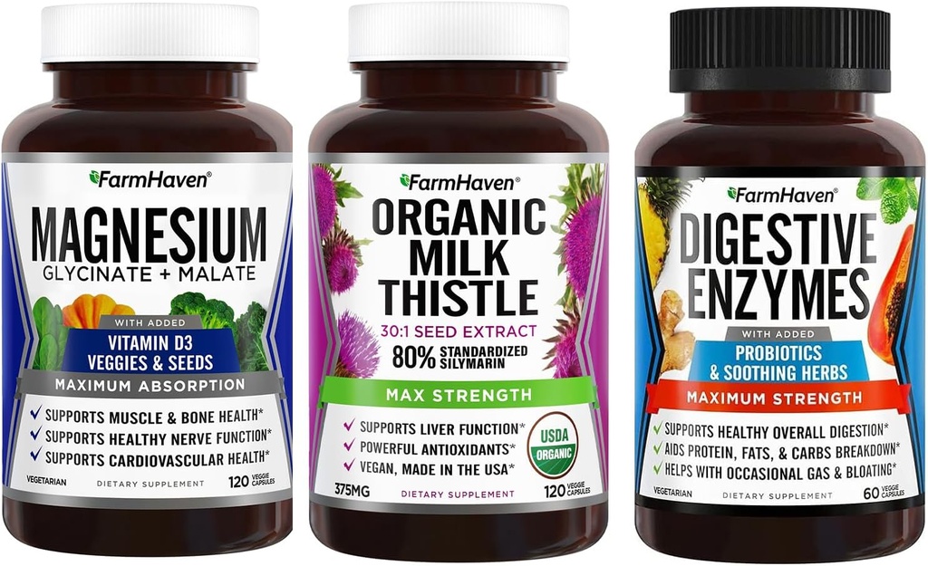 Farm Haven Magnésium Glycinate et Malate + Thistle de lait + Enzymes digestifs avec probiotiques