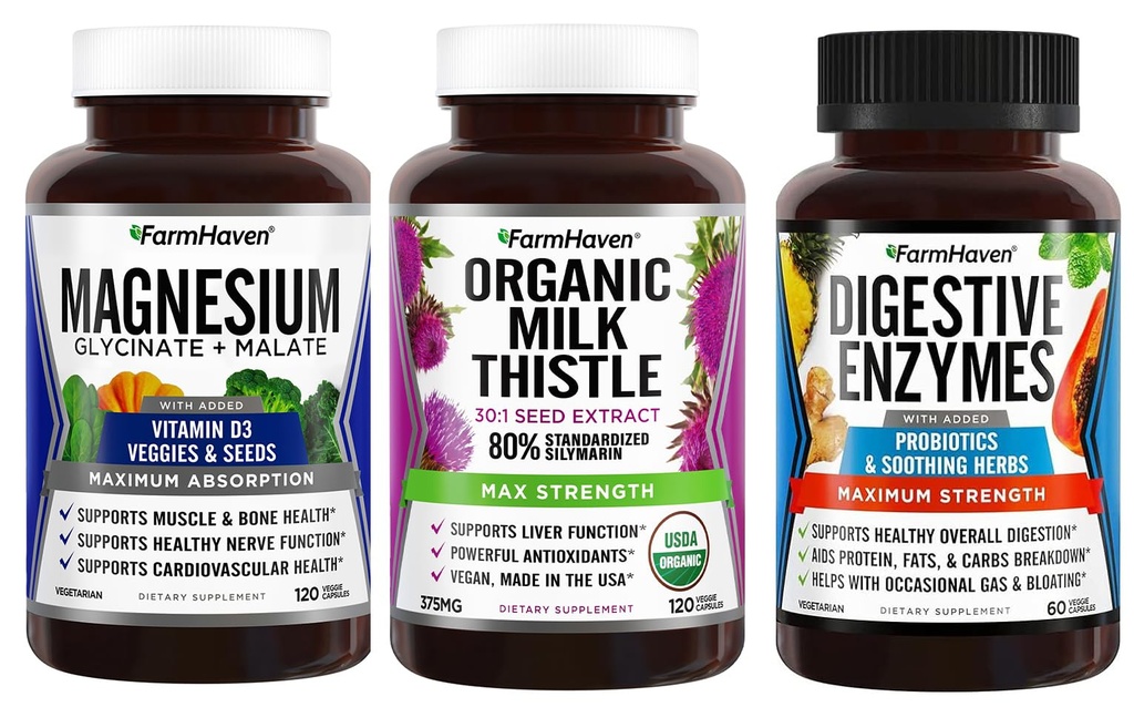 FarmHaven Magnesium Glycinate & Malate + Milk Thistle + Digestive Enzymes with Probiotics