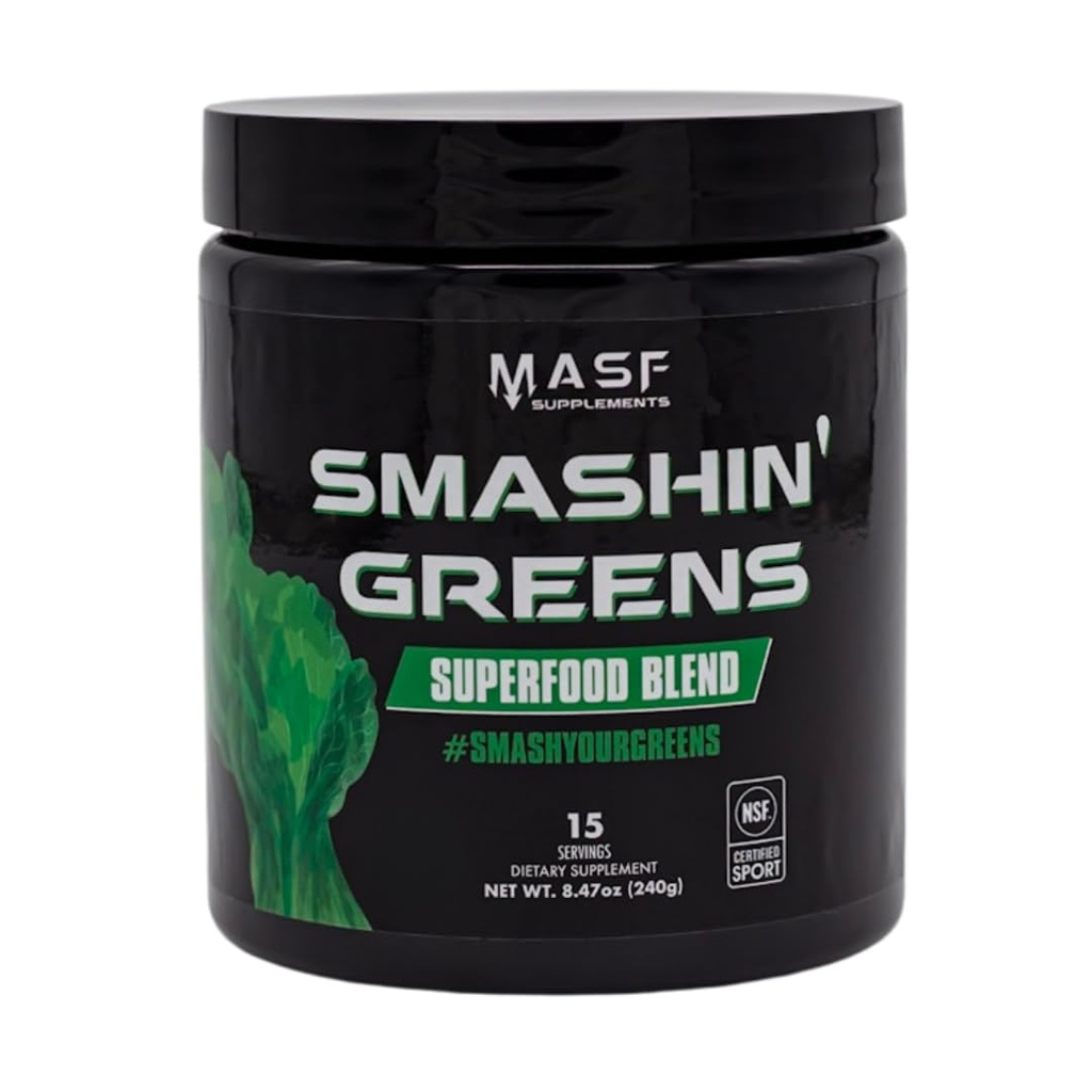 MASF Supplements Smashin' Greens Superfood Organic Blend - 15 Servings - Boost Energy, Immune Support, Digestive Health with Organic Wheat Grass, Spirulina, Chlorella - NSF Certified