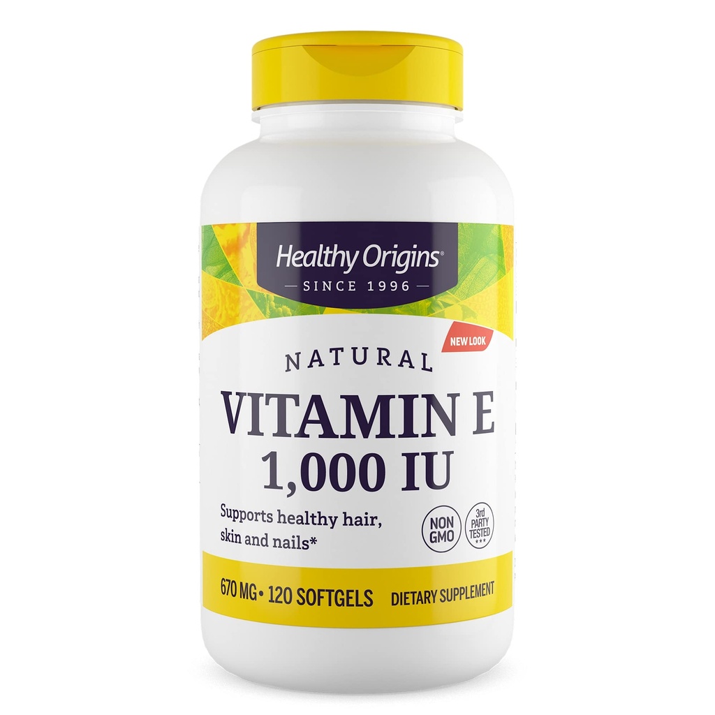 Origines saines Vitamine E, 1 000 UI (naturelle) Tocophérols mélangés - Supplément vitamine E - Sans gluten et sans OGM Peau, cheveux et ongles Vitamine - 120 softgels