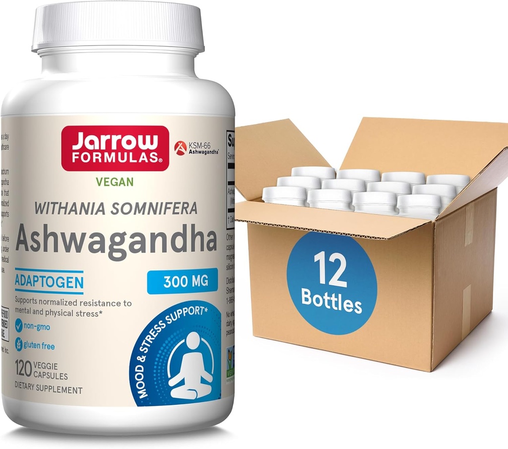 Jarrow Formulas Ashwagandha 300 mg - 120 Veggie Capsules - Overall Health & Resistance to Fatigue - Supplement Supports Endurance, Muscle Recovery & Cognitive Health - 60 Servings (Pack of 12)