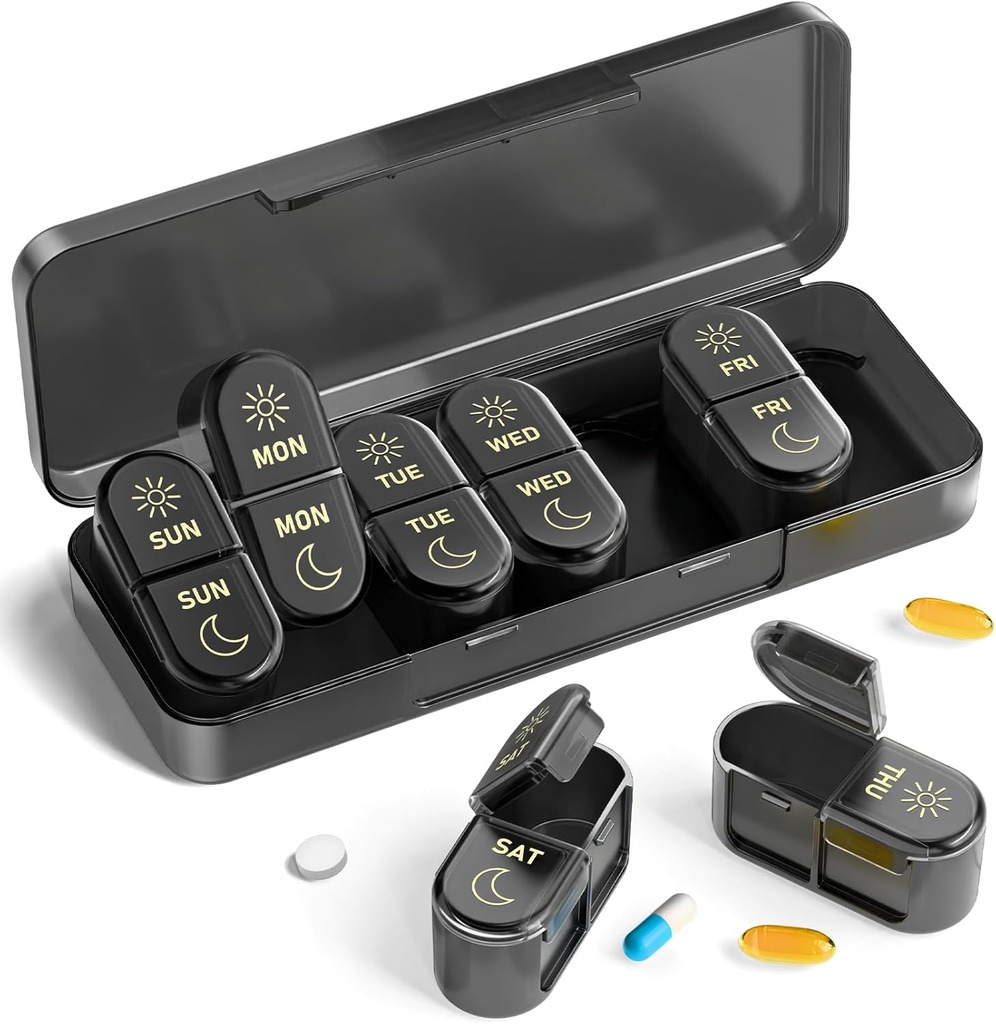 AM & PM Pill Organisateur 7 jours, hebdomadaire Pill Case 2 fois par jour, Pill Box 7 jour, Medicine Pill Organisateur pour les voyages, vitamines, huiles de poisson, suppléments