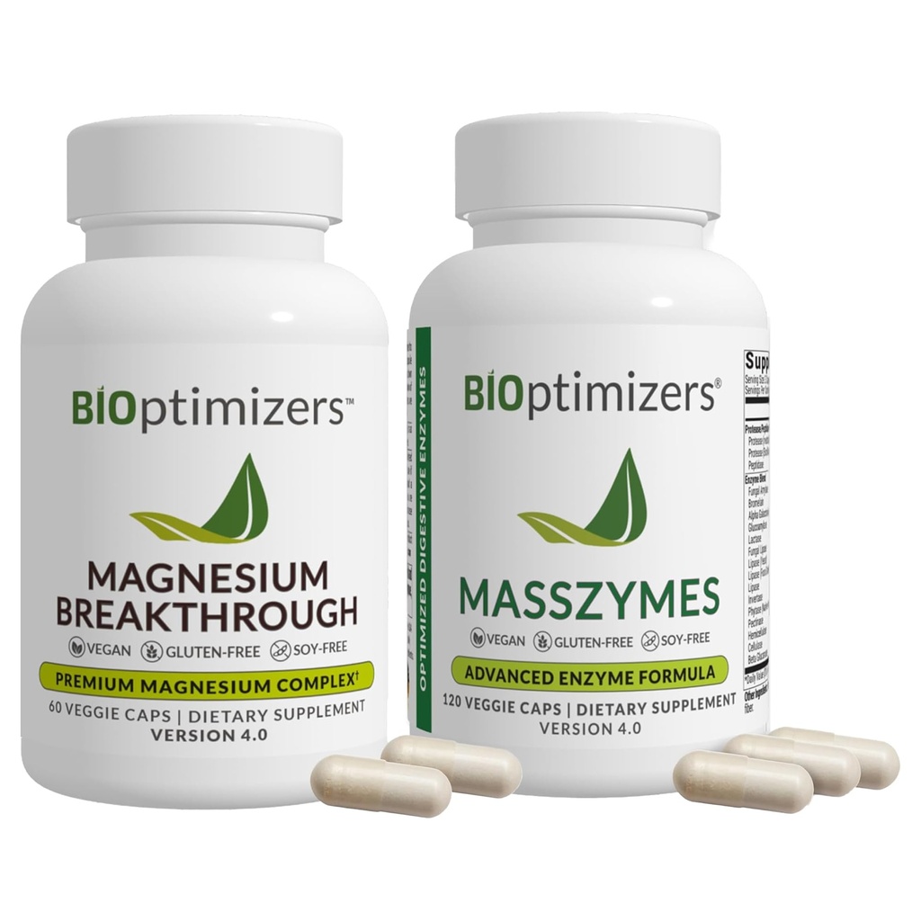 BiOptimizers MassZymes Digestive Enzymes - Probiotic Breakthrough Bundle – Gut Health & Bloating Relief – Prebiotic & Enzyme Support for Digestion, Energy, Immunity & Recovery – 180 Vegan Capsules