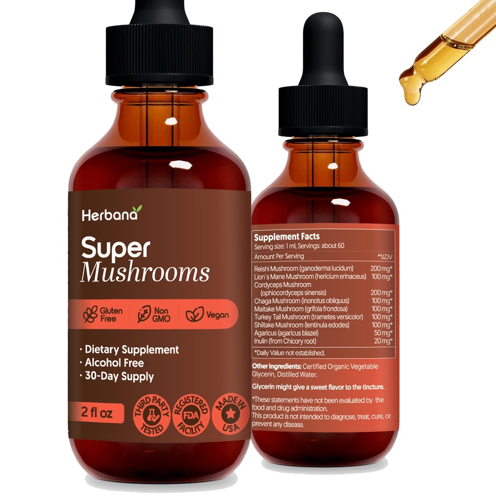 Super Champignons 8-en1 - 2 fl oz Extrait liquide - Brain Booster & Immune Soutien gouttes - Reishi, Lion`s Mane, Cordyceps, Chaga, Mitake, Turkey Tails, Shiitake, Agaricus - Haute puissance - 45 jours d'approvisionnement
