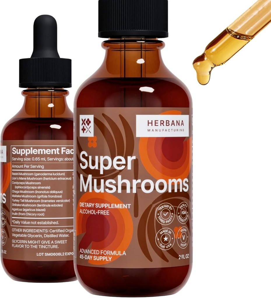 Super Mushrooms 8-in1 - 2 fl oz Liquid Extract - Brain Booster & Immune Support Drops - Reishi, Lion`s Mane, Cordyceps, Chaga, Mitake, Turkey Tails, Shiitake, Agaricus - High Potency - 45-Day Supply