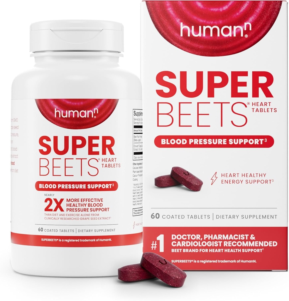 Comprimés Cœur SuperBeets Humann Coat lisse 500mg – Poudre non-OGM – Antioxydants étudiés cliniquement, 60 Nombre