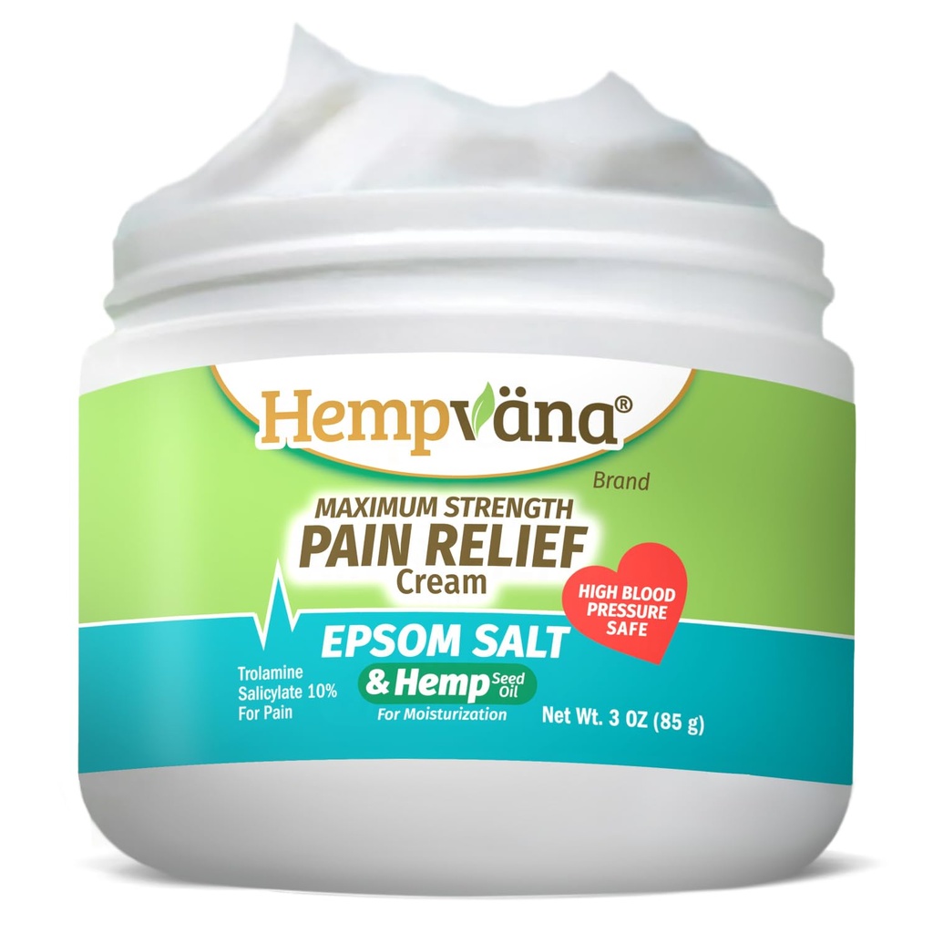 Hempvana Epsom Salt Maximum Strength Pain Relief Cream, Hemp Seed Oil, Fast-Acting, Targeted Relief; Arthritis, Back, Knees & More, High Blood Pressure Safe, Made in USA, AS SEEN ON TV