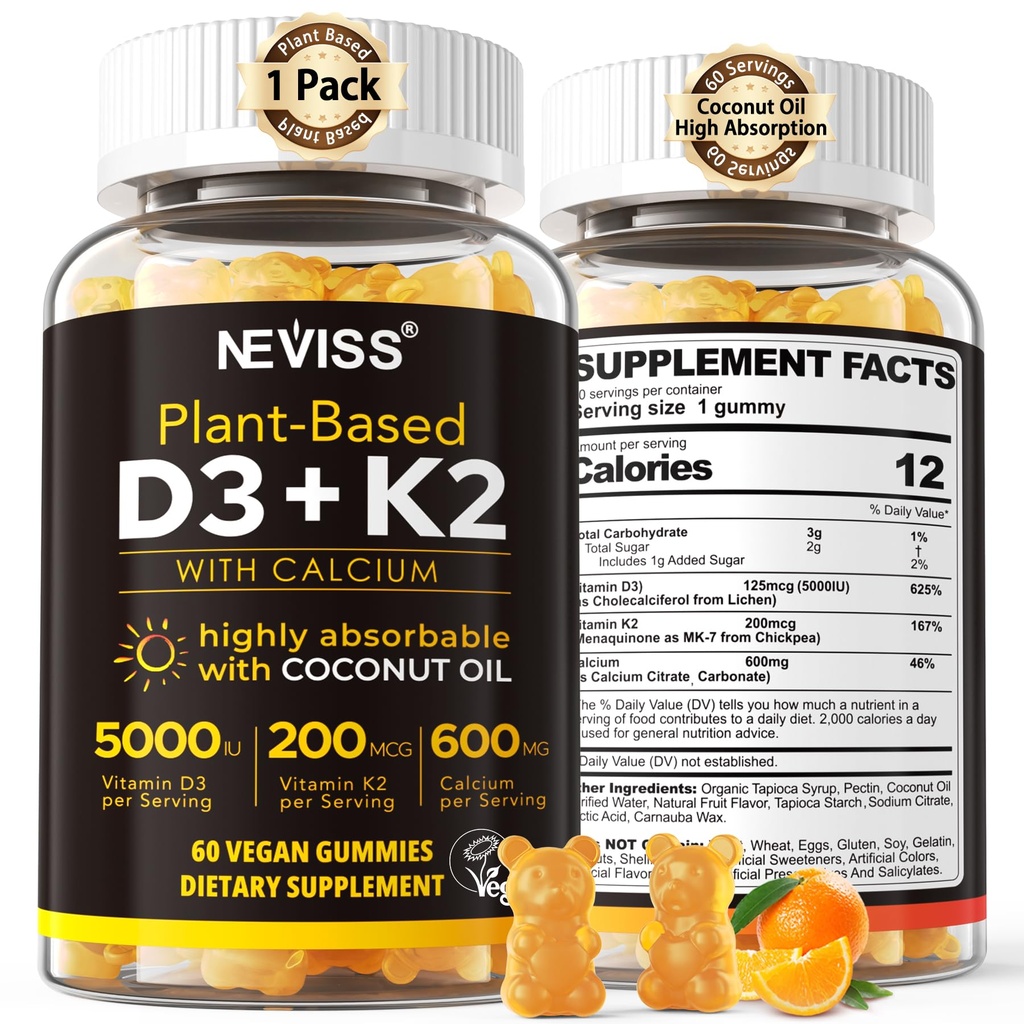 Vitamine D3 5000iu & K2( as MK7 ) 200mcg Gummies + 600mg Calcium, avec huile de noix de coco pour une absorption élevée, maximum de résistance Vitamine D3 K2 Supplément - Soutien pour les os musculaires Immune, Vegan 60 Compte