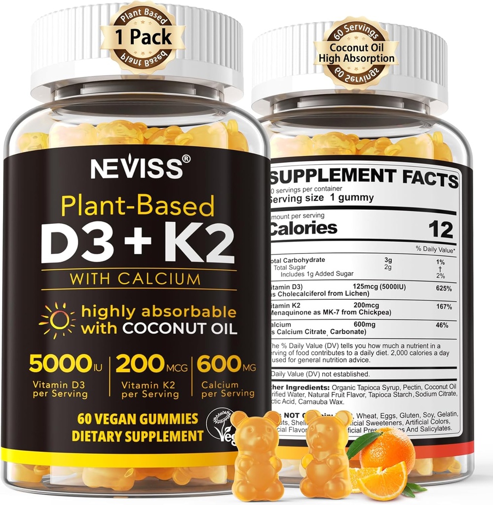 Vitamine D3 5000iu & K2( as MK7 ) 200mcg Gummies + 600mg Calcium, avec huile de noix de coco pour une absorption élevée, maximum de résistance Vitamine D3 K2 Supplément - Soutien pour les os musculaires Immune, Vegan 60 Compte
