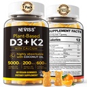 Vitamine D3 5000iu & K2( as MK7 ) 200mcg Gummies + 600mg Calcium, avec huile de noix de coco pour une absorption élevée, maximum de résistance Vitamine D3 K2 Supplément - Soutien pour les os musculaires Immune, Vegan 60 Compte