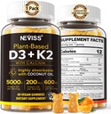Vitamine D3 5000iu & K2( as MK7 ) 200mcg Gummies + 600mg Calcium, avec huile de noix de coco pour une absorption élevée, maximum de résistance Vitamine D3 K2 Supplément - Soutien pour les os musculaires Immune, Vegan 60 Compte
