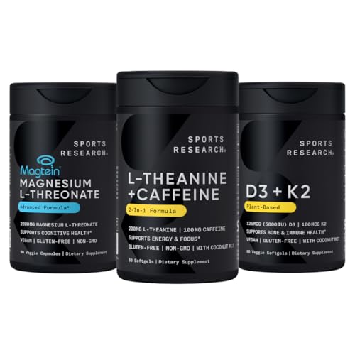 Recherche sportive Magtéine Magnésium L-Thréonate Capsules (2000mg, 90 Capsules), Vitamine végétalienne D3 + K2 w/Huile de coco organique (5000iu VIT. D 100mcg Mk7 VIT. K, 60 Softgels) et L-Theanine (200mg, 60 ct)