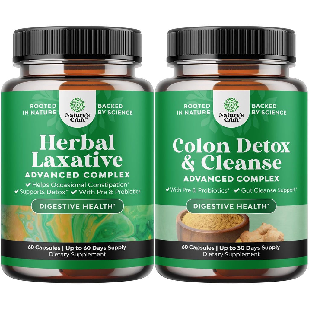 Bundle of Herbal Laxative Capsules with Probiotics and Colon Cleanser & Detox - Natural Colon Detox Digestive Support System - Lactobacillus Acidophilus Probiotic Supplement Body Cleanse