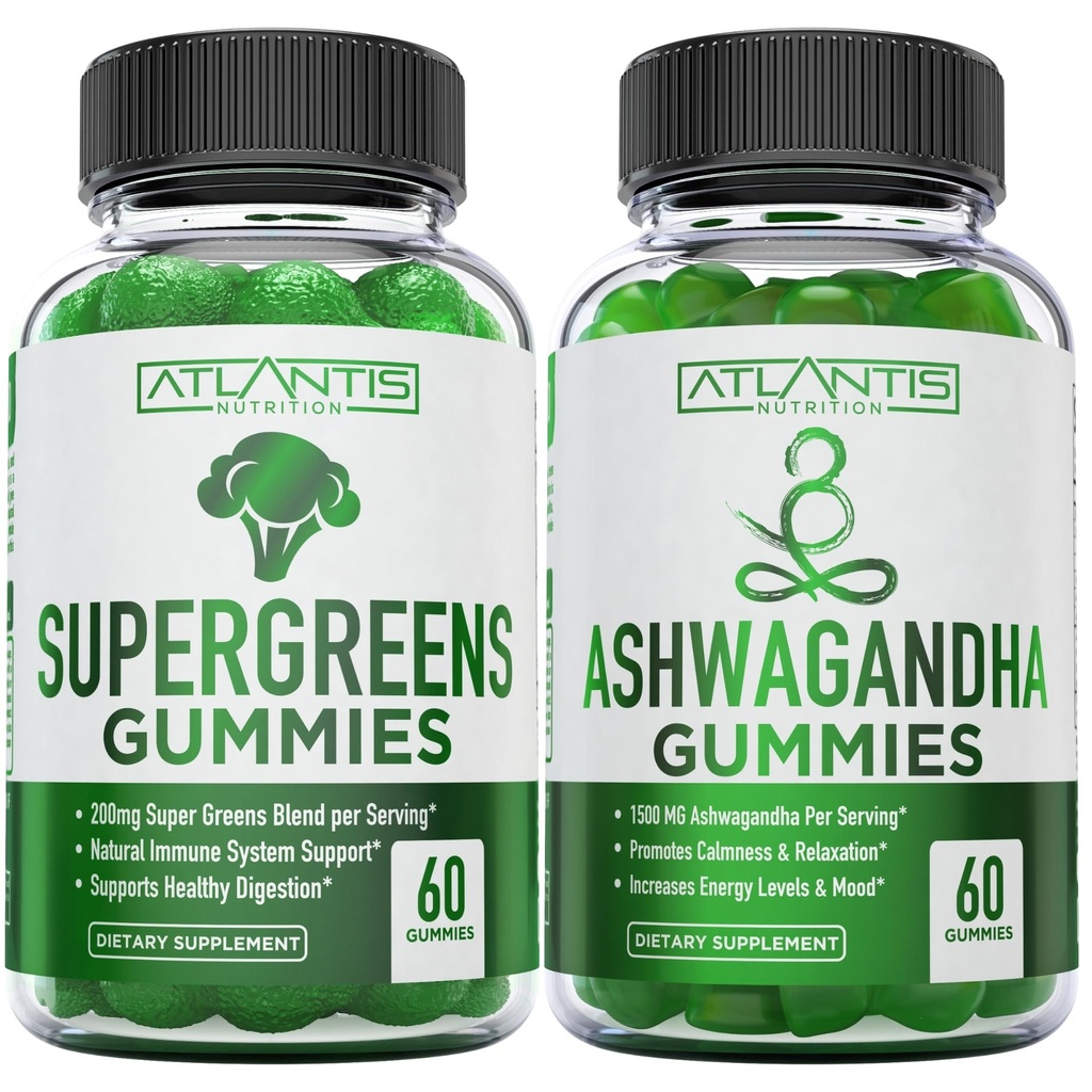 Supergreens & Gummies Ashwagandha - Ashwagandha favorise le calme et améliore le système immunitaire - Delicious Supergreens avec épinards, brocolis, betteraves et thé vert pour le soutien immunitaire - 60 Gummies