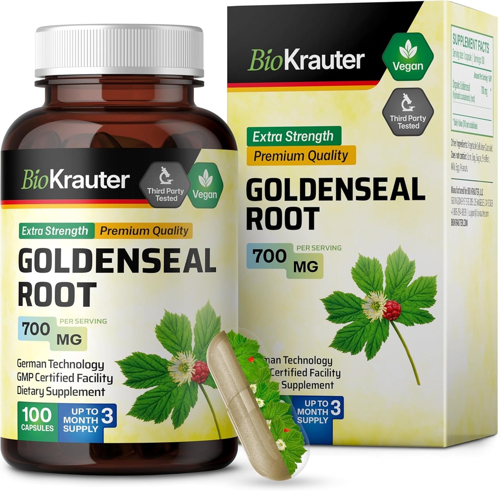BIO KRAUTER Goldenseal Root Capsule 700 mg - 100 Golden Seal Powder Caps - Respiratory & Digestive Support - Vegan, No Fillers