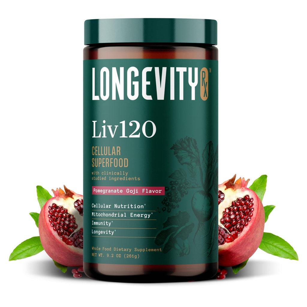 Liv120 Superfood Powder, Antioxidant Blend with Pomegranate, Turmeric, Mulberry, Soursop, Noni, Non-GMO, Vegan, for Energy, Detox, Immunity