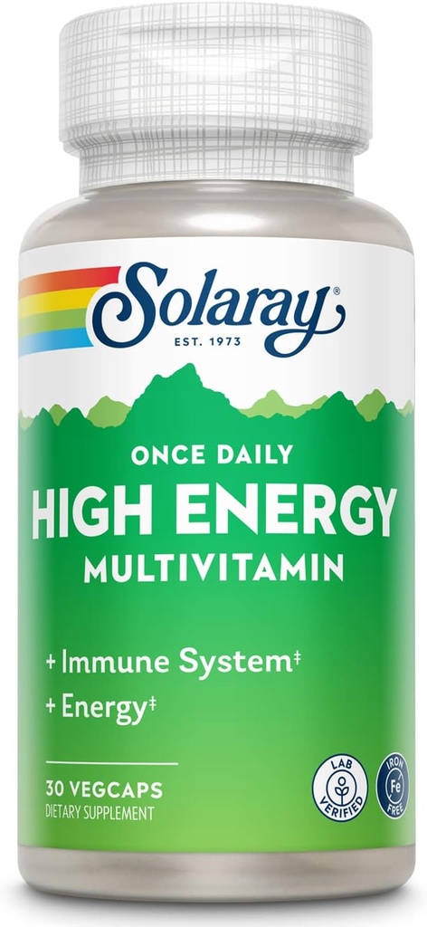 SOLARAY Une fois par jour, multivitamine à haute énergie, sans fer, système immunitaire et soutien énergétique, aliments entiers et ingrédients de base à base de plantes, hommes et femmes multivitamine (30 portions, 30 VegCaps)