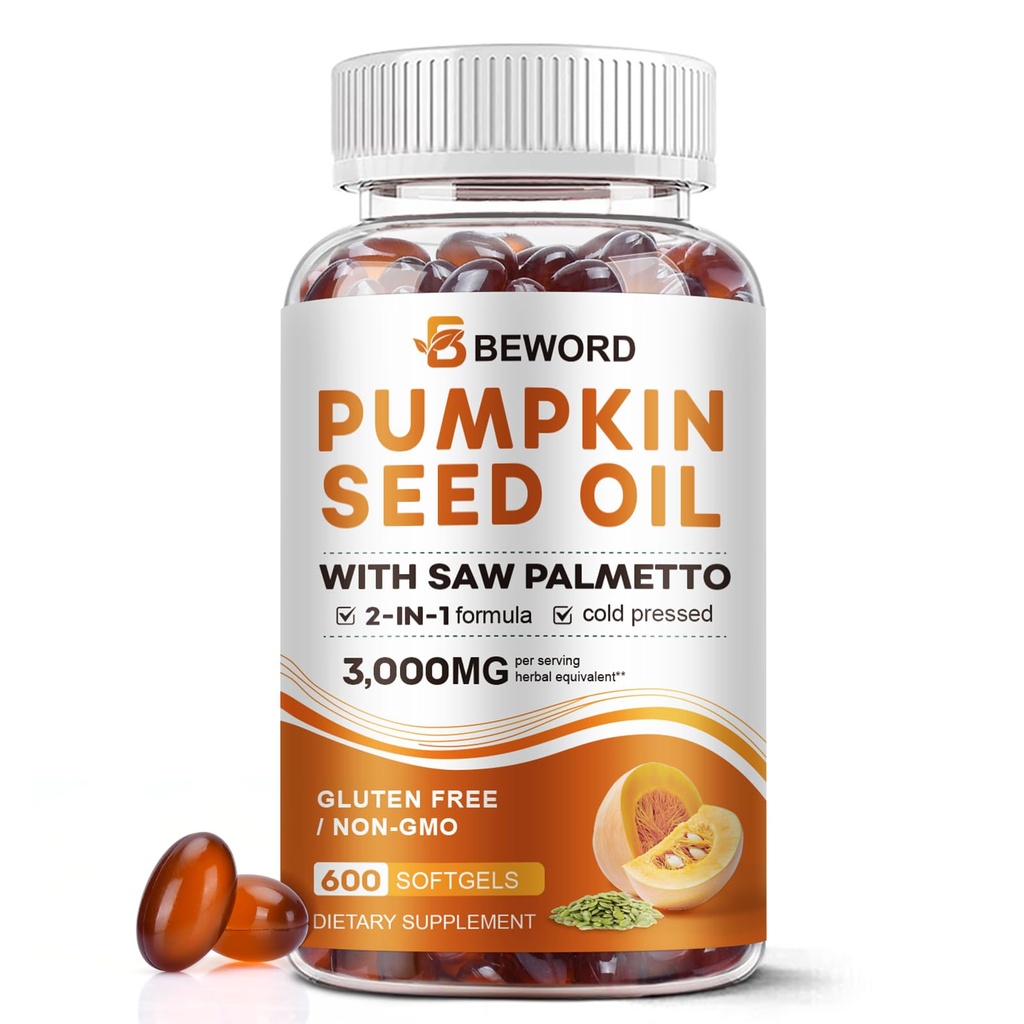 Pumpkin Seed Oil with Saw Palmetto Capsules, 3000mg/serving, 600 Softgels | Cold Pressed, Pure Virgin Oil, Essential Fatty Acids & Phytosterols | Supports Hair, Urinary, Bladder & Prostate Health