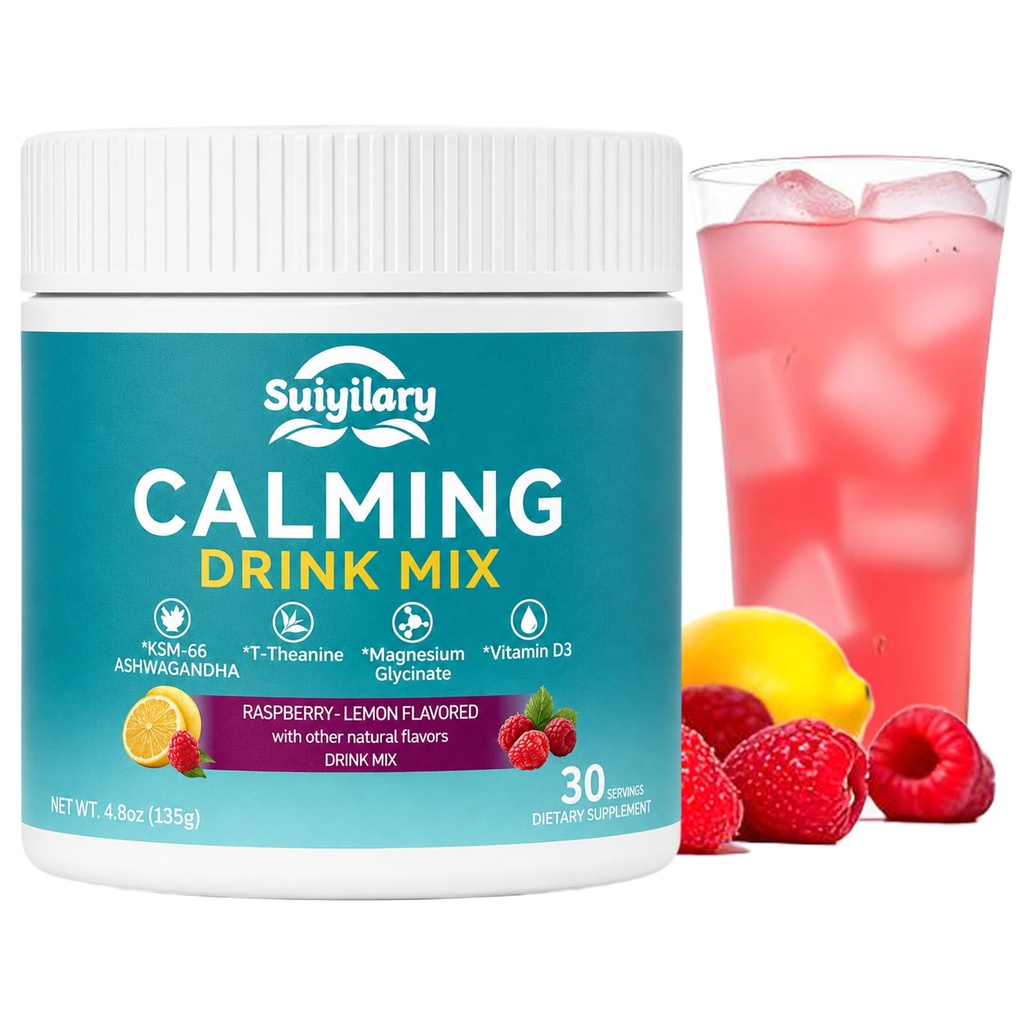 Suiyilary Calm Magnesium Powder, Cortisol Supplements Drink Mix No Sugar for L-Theanine, KSM66 Ashwagandha, Magnesium Glycinate, Vitamin D3, Relaxation, Focus, Raspberry Lemonad, 30 Servings