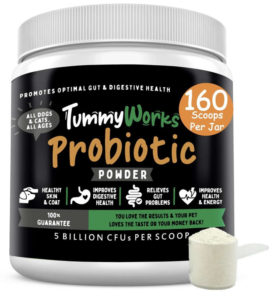 TummyWorks poudre probiotique pour chiens et chats. Probiotiques pour la santé digestive, le soutien immunitaire, la diarrhée, gaz, démangeaisons et allergies saisonnières. Avec enzymes digestives et prébiotiques. Fabriqué aux États-Unis - 160 Scoops