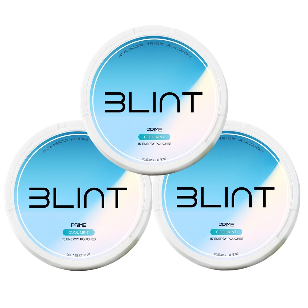 BLINT Prime Caffeine Nootropic Pouches – L-Theanine, Alpha GPC, L-Tyrosine | Brain Supplements for Memory and Focus | Energy Pouches | 15 Pouches Per Can | Cool Mint (3 Cans)