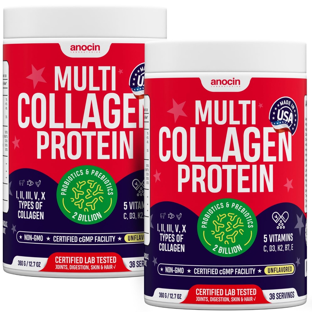 Multi Collagen Peptides w/Prebiotic + Probiotics + Type I, II, III, V, X + Hydrolyzed Collagen Powder w/Vitamin C+D3+B7+K2+E Hyaluronic Acid, Supports Skin Hair Nail Joint, Grass-Fed, Non-GMO (2)