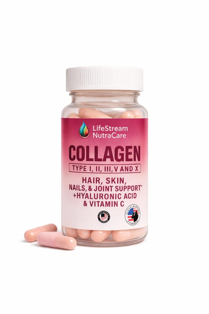 LifeStream NutraCare Collagen Capsules Type I, II, III, V & X | with Hyaluronic Acid & Vitamin C Hair, Skin, Nails & Joint Support | 60 Capsules