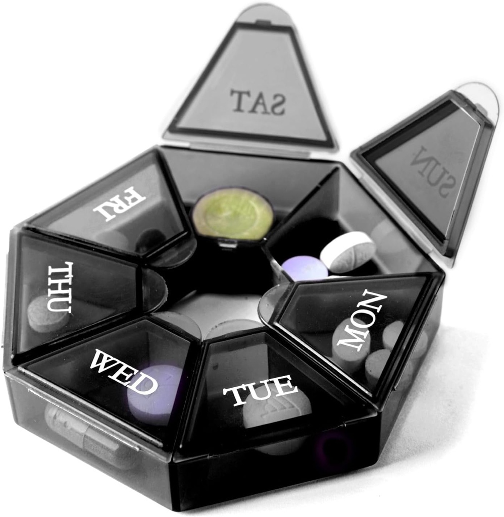Deke Home - Organisateur de petites pilules hebdomadaires, Distributeur de pilules rondes pour les voyages, Mini Organisateur de pilules, Porte-médicaments compacts, Trieurs de pilules 7 jours, Récipient de vitamine portable, Sans BPA (Niveau alimentaire)