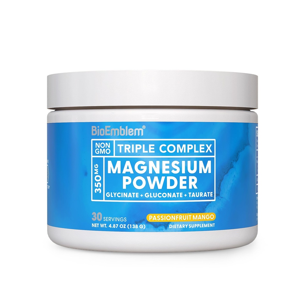 BioEmblem Triple Magnesium Powder Drink - 350mg High Absorption Magnesium Glycinate, Gluconate, Taurate & GABA for Rest, Sleep, & Brain Health - Passionfruit Mango Flavor - Vegan - (30 Servings)