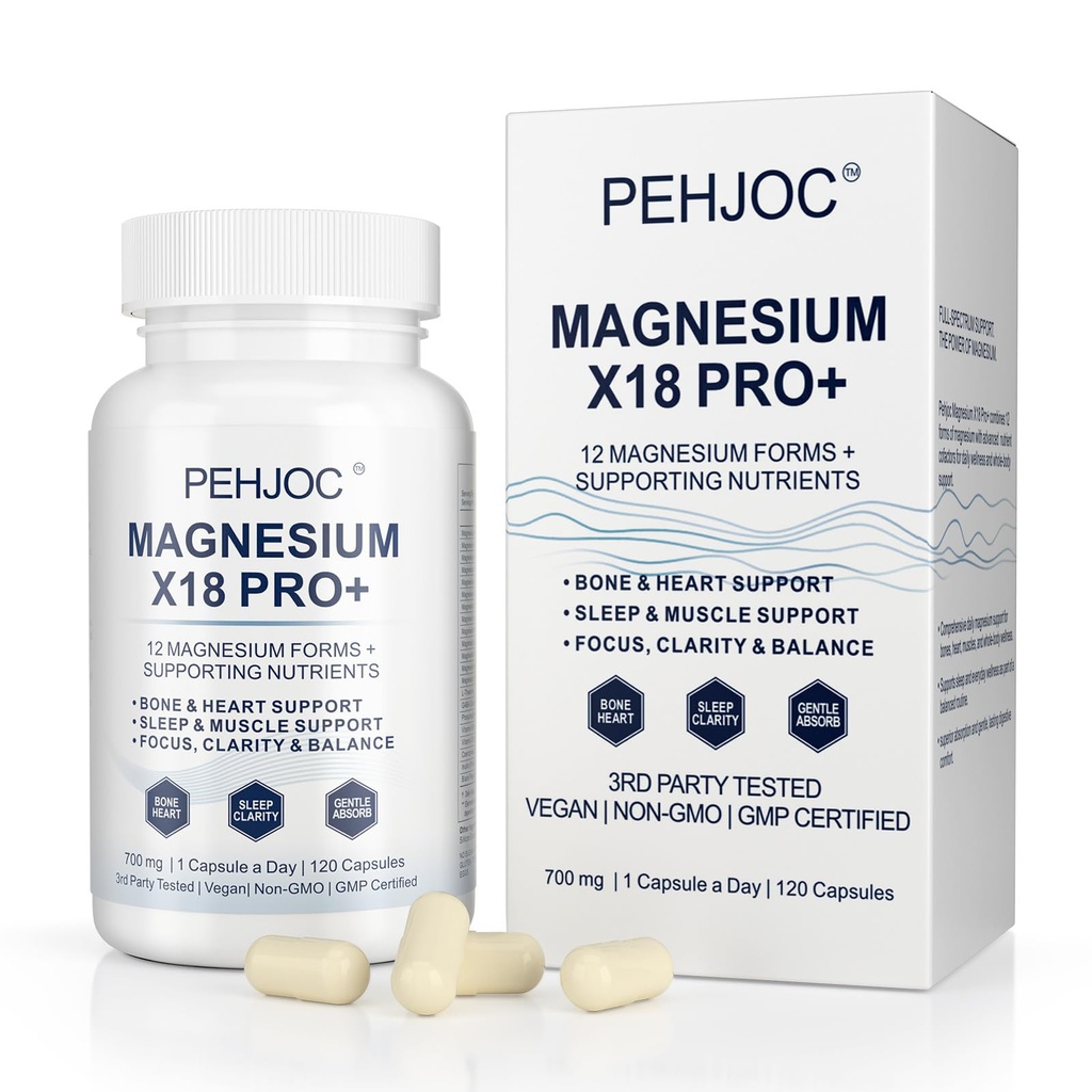 Magnesium Complex Supplement, 12 Magnesium Forms with Glycinate, L-Threonate, Citrate & Taurate, Gentle Daily Formula for Focus, Sleep, Muscle, Bone and Heart Support, 120 Capsules，1pcs