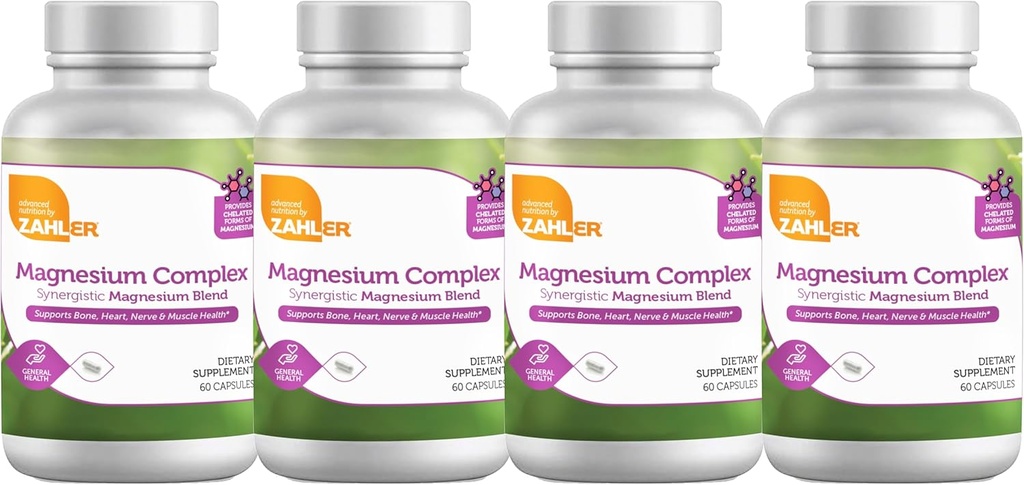 Complexe Magnésium de Zahler Mélange de magnésium synergique, soutient la santé osseuse, cardiaque, nerveuse et musculaire, 240 capsules.