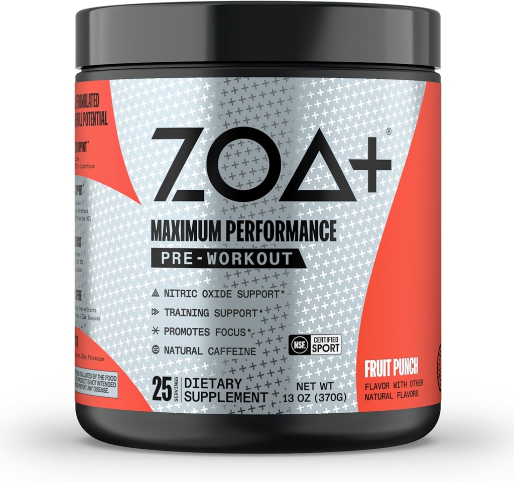 ZOA+ Zero Sugar Pre Workout Poudre, Fruit Punch - NSF certifié pour le sport avec électrolytes, Créatine, Beta Alanine, Ginkgo Biloba, 200mg Caféine - 25 portions