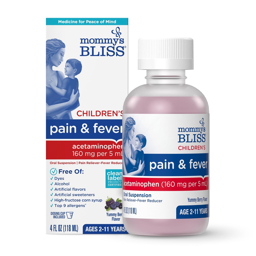Mommy's Bliss Children's Pain and Fever Reducer, Kids Acetaminophen, Sans colorant, Delicious Mixed Berry Flavor, Ages 2+, 4 Fluid Ounces