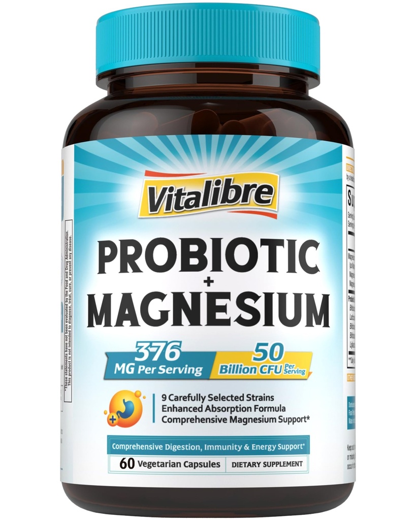 Vitalibre Probiotic with Magnesium, 50 Billion CFU, 9 Strains, Magnesium Glycinate Citrate Malate Taurate, for Digestion, Immunity, Bone, Energy & Recovery, 60 Vegan Capsules, Non-GMO