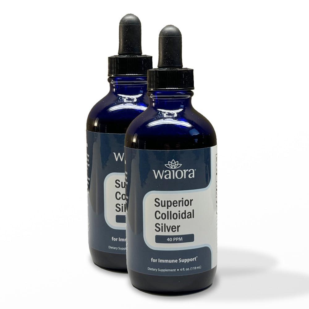 Superior Colloidal Silver, Waiora, supplément minéral liquide, 40 PPM, pour le support immunitaire, bouteille en verre bleu avec goutteau (2 embout/44 serv.)